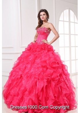 Organza Quinceanera Dress with Beading and Ruffles in Coral Red