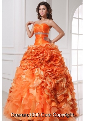 Orange Sweetheart Quinceanera Gown with Beading and Rolling Flowers