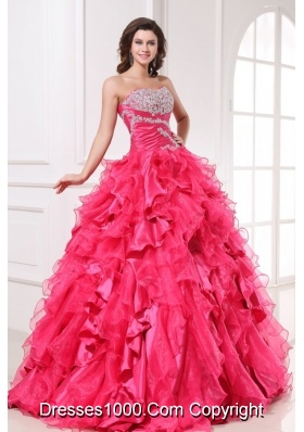 Long Hot Pink Quinceanera Party Dress with Beading and Ruffles