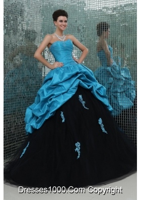 Sassy Aqua Blue and Black Pick Ups and Appliques Sweet 16 Dress