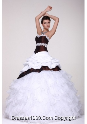 White and Brown Organza and Taffeta Ruffled Sweet 16 Dresses