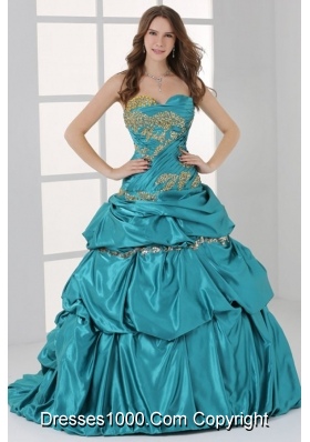 Taffeta Strapless Sweetheart Ruched Teal Quinceanera Dresses with Pick-up