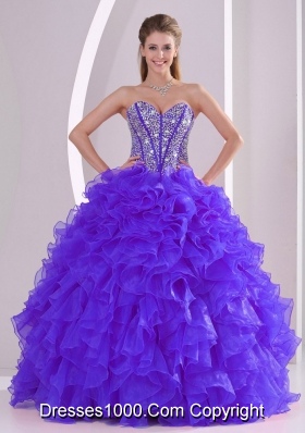 2014 Discount Ball Gown Sweetheart Ruffles and Beaing Quinceanera Gowns in Purple