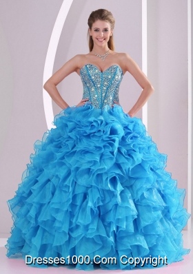 Cheap Blue Sweetheart Organza with Fitted Waist 2014 Quinceanera Gowns