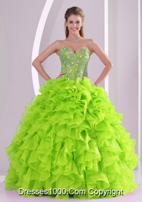 Sweetheart 2014 Spring Green Quinceanera Dress with Ruffles and Beading