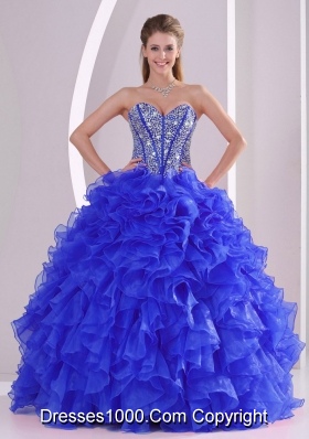 2014 Ball Gown Sweetheart Beaded Blue Quinceanera Gowns with Ruffles
