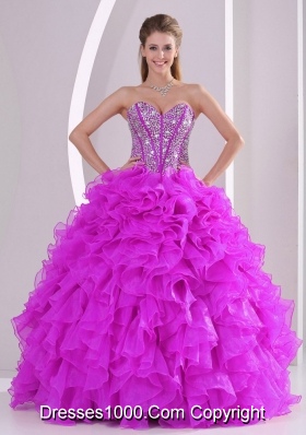 Fuchsia Sweetheart Ruffles and Beaded Decorate Quinceanera Gowns in Sweet 16