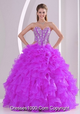 Popular Sweetheart Organza 2014 Fuchsia Quinceanera Gowns