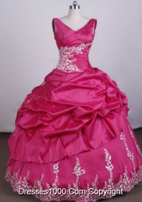 Fashionable Ball Gown V-Neck Floo_length Appliques Tffeta Hot Pink Quinceanera Dresses