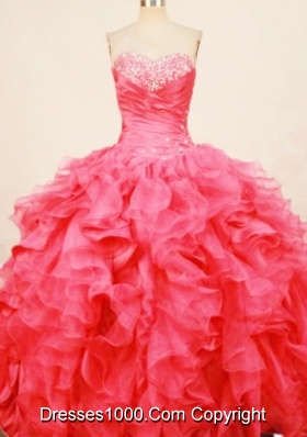 Fasshionable ball gown sweetheart organza beading coral red quinceaenra dress