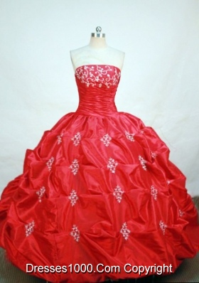 Elegant ball gown strapless floor-length red taffeta appliques quinceanera dress