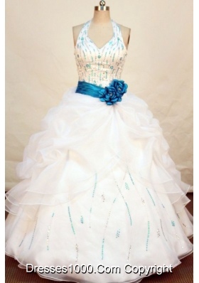Pretty ball gown halter top floor-length beading sash with turquoise white quinceanera dress