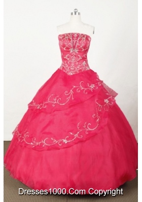 Popular Ball Gown Strapless Floor-length Red Organza Embroidery Quinceanera dress