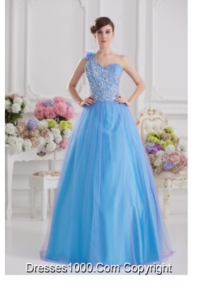 2014 A-line One Shoulder Tulle Blue Quinceanera Dress with Appliques Hand Made Flower