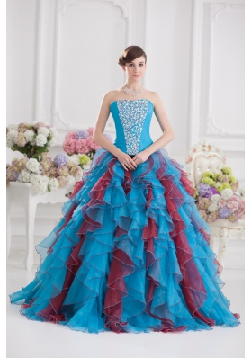 Ball Gown Strapless Organza Beading Ruffles Multi-color Quinceanera Dress