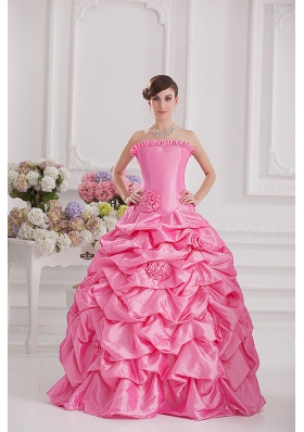 Ball Gown Strapless Pick-ups Rose Pink Quinceanera Dress with Hand Made Flowers