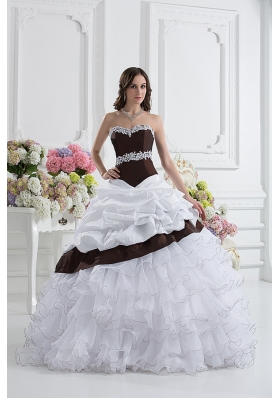 Ball Gown Sweetheart Beading Ruffled Layers Brown and White Quinceanera Dress