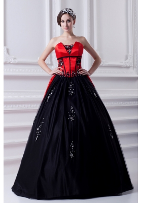 Cheap Strapless Appliques Pick-ups Black and Red Quinceanera Dress with Brush Train