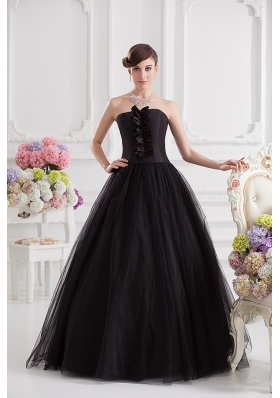 Simple A-line Strapless Tulle Black Quinceanera Dress with Ruffles