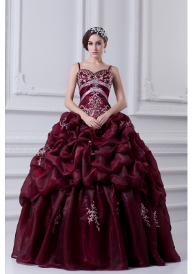 2014 Spaghetti Straps Organza Beading and Appliques Burgundy Quinceanera Dress
