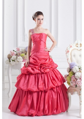 Cheap Coral Red One Shoulder Beading Ball Gown Quinceanera Dress with Pick Ups