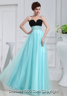 Column Beading Tulle Floor-length Strapless Aqua Blue Prom Dress