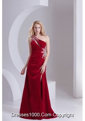 Column One Shoulder Special Fabric Beading High Slit Wine Red Prom Dress