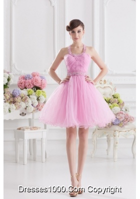 A-line Halter Top Pink Prom Dress with Ruching and Beading