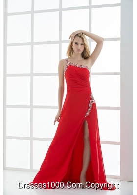 Empire One Shoulder Prom Dress with Beading and Ruching