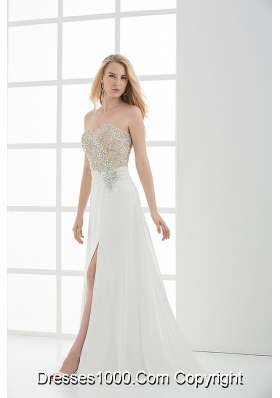 High Slit Sweetheart Beading and Ruching Floor-length Prom Dress