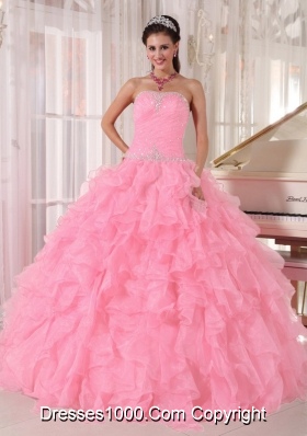 Baby Pink Ball Gown Strapless Floor-length Organza Beading Fashionable Quinceanera Dress