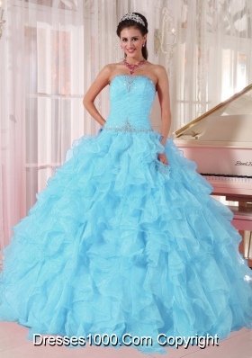 Light Blue Ball Gown Strapless Ruffles Organza Beading Cheap Quinceanera Dress