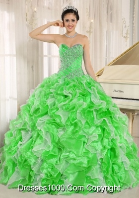 Spring Green Beaded and Ruffles Custom Made For 2013 Discount Quinceanera Dress