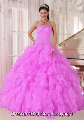 Sweet Ball Gown Strapless Ruffles Organza Beading Fuchsia 2013 Quinceanera Dress