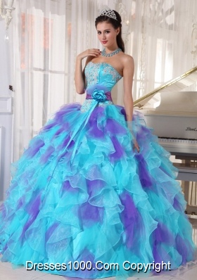 Aqua and Purple Organza Appliques Decorate Quinceanera Dress 2014