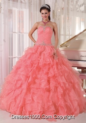 Ball Gown Strapless Floor-length Organza Beading Most Popular Quinceanera Dress with Watermelon Red