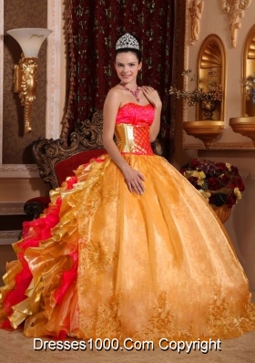 Ball Gown Strapless Floor-length Organza Embroidery Gold New Style Quinceanera