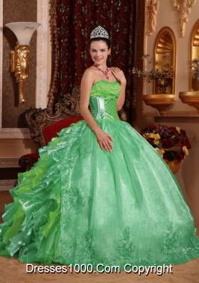 Ball Gown Strapless Green Ruffles Embroidery Most Popular Quinceanera Dress