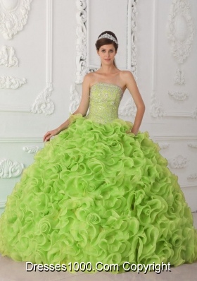 Ball Gown Strapless Organza Yellow Green New Style Quinceanera Dress with Beading