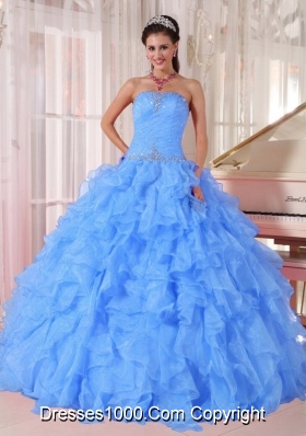 Ball Gown Strapless Ruffles and Beading Floor-length Organza Beading Blue New Style Quinceanera Dress