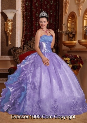 Ball Gown Strapless Ruffles Organza Embroidery Lavender Sweet Fifteen Dress