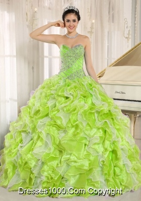 Beaded and Ruffles Custom Made For Yellow Green Sweet Fifteen Dress