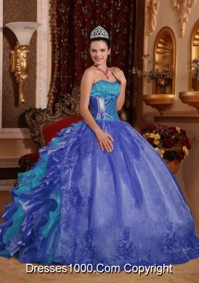 Cheap Ball Gown Blue Quinceanera Dress 2014 with Strapless Floor-length Organza Embroidery
