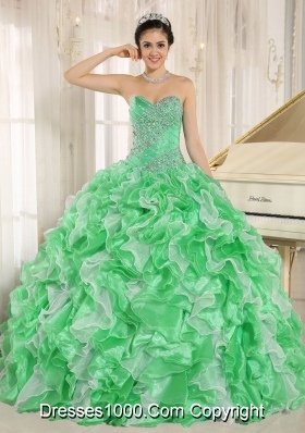 Green Beaded and Ruffles Custom Made For 2013 Sweetheart Quinceanera Dress 2014