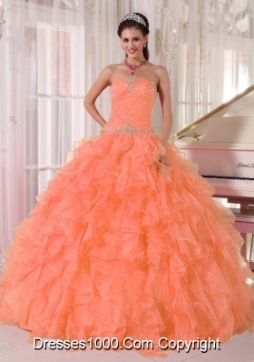 Lovely Orange Ball Gown Strapless Organza Quinceanera Dress 2014 with Beading and Ruffles