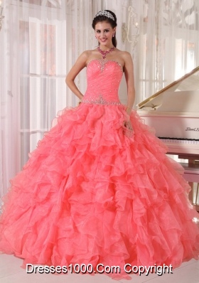 Popular Strapless Watermelon Red Ruffles Beading Sweet Fifteen Dress for 2014