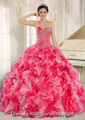 Red and White New Style Quinceanera Dress with Beading and Ruffles for Custom Made