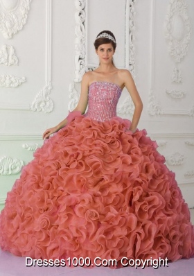 Rust Red Strapless Organza Beading and Ruffled Plus Size Quinceanera Dress