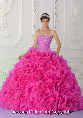 Ball Gown Strapless Organza Hot Pink Vestidos de Quinceanera Dress with Beading and Ruffles