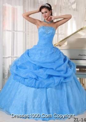 Aqua Blue Ball Gown Strapless Floor-length Quinceanera Dress with Organza Appliques